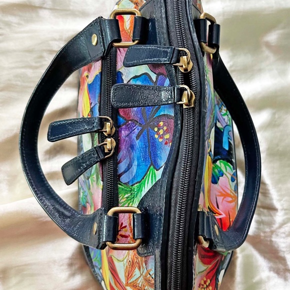 SATCHEL, LEATHER HANDPAINTED MULTICOLOUR PARROTS, TOP DOUBLE ZIP CLOSURE, REMOVA - Picture 11 of 14